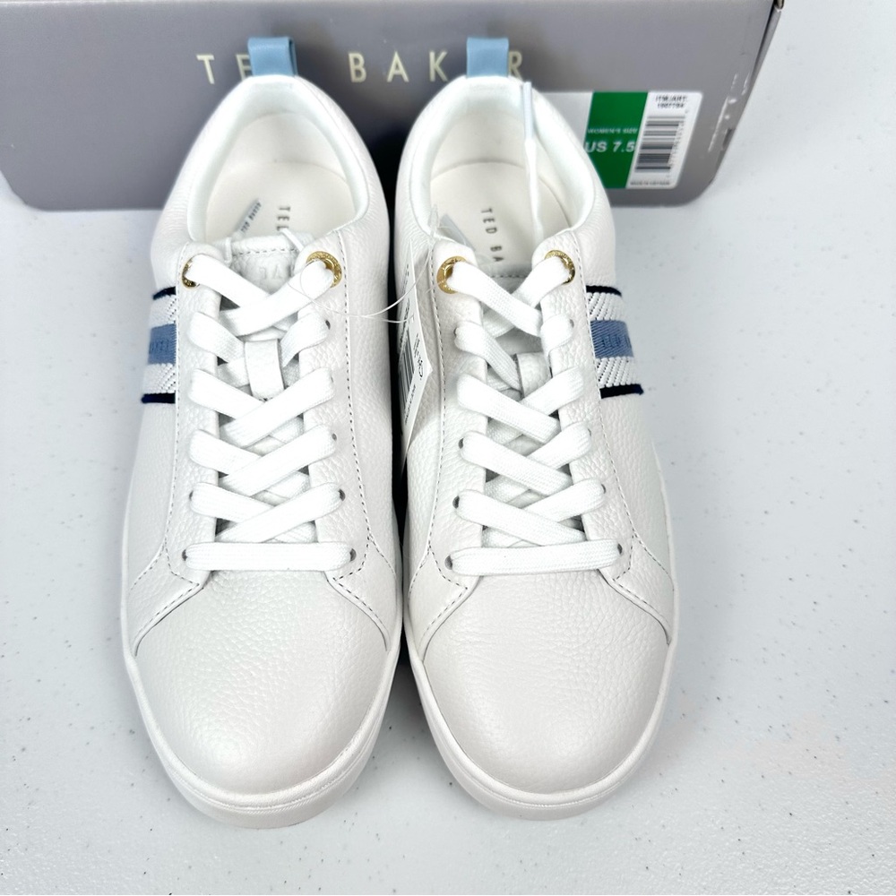 Ted Baker Bailey Icon Women’s 7.5 Classic Leather Tennis Shoe Blue Stripe New - Picture 2 of 13